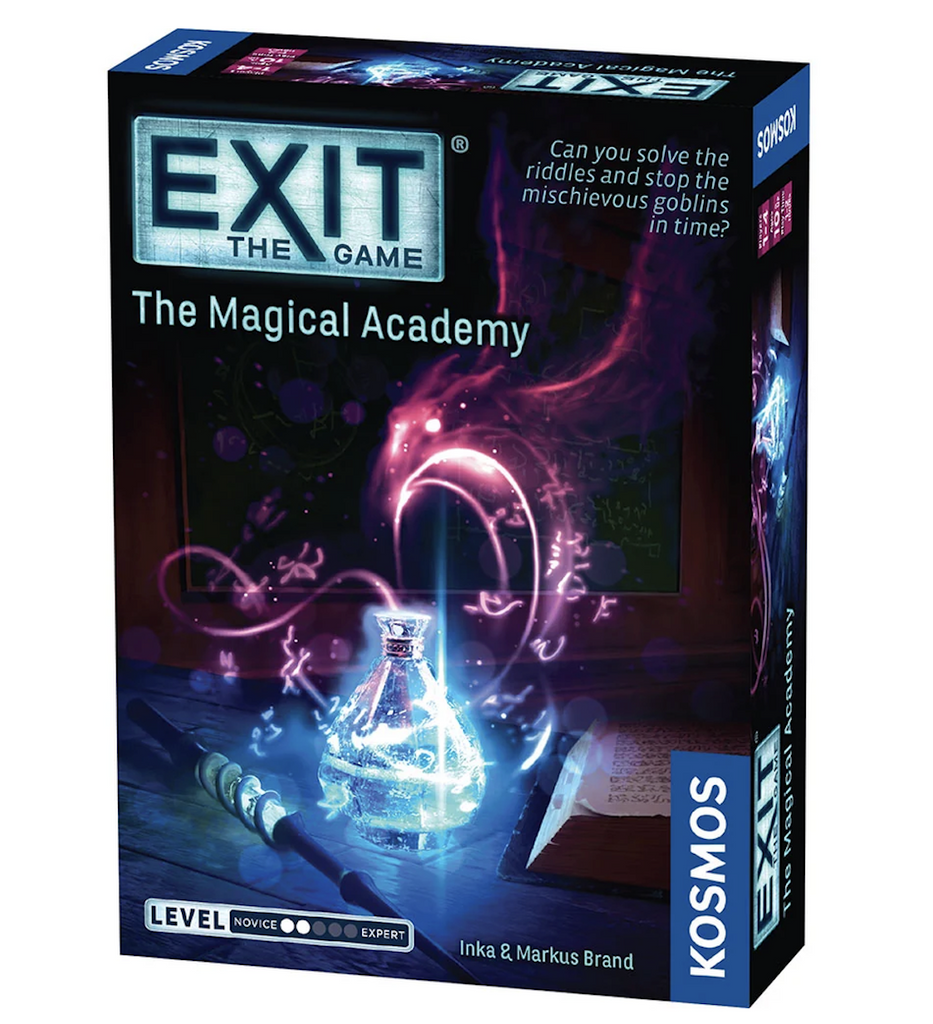 Exit The Game: The Magical Academy box featuring a wand, and a potion filled beaker with wispy spirit rising from the top. 