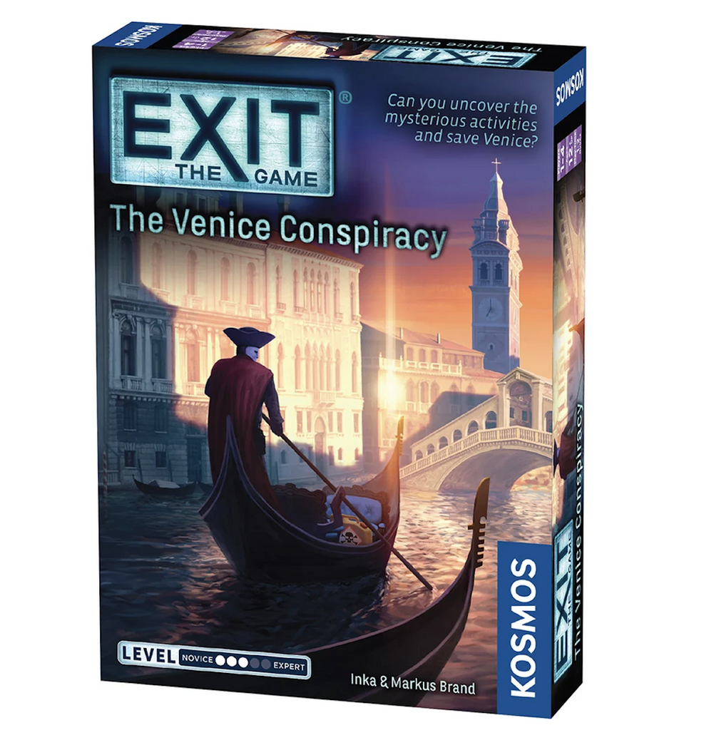 Exit The Game The Venice Conspiracy box with an illustration of a masked figure pushing a Gondola through a canal in Venice. 