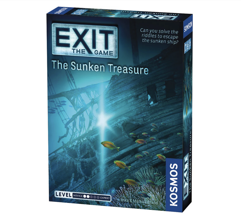 Game box for Exit The Game The Sunken Treasure with an illustration of a sunken ship with a school of fish swimming by. 