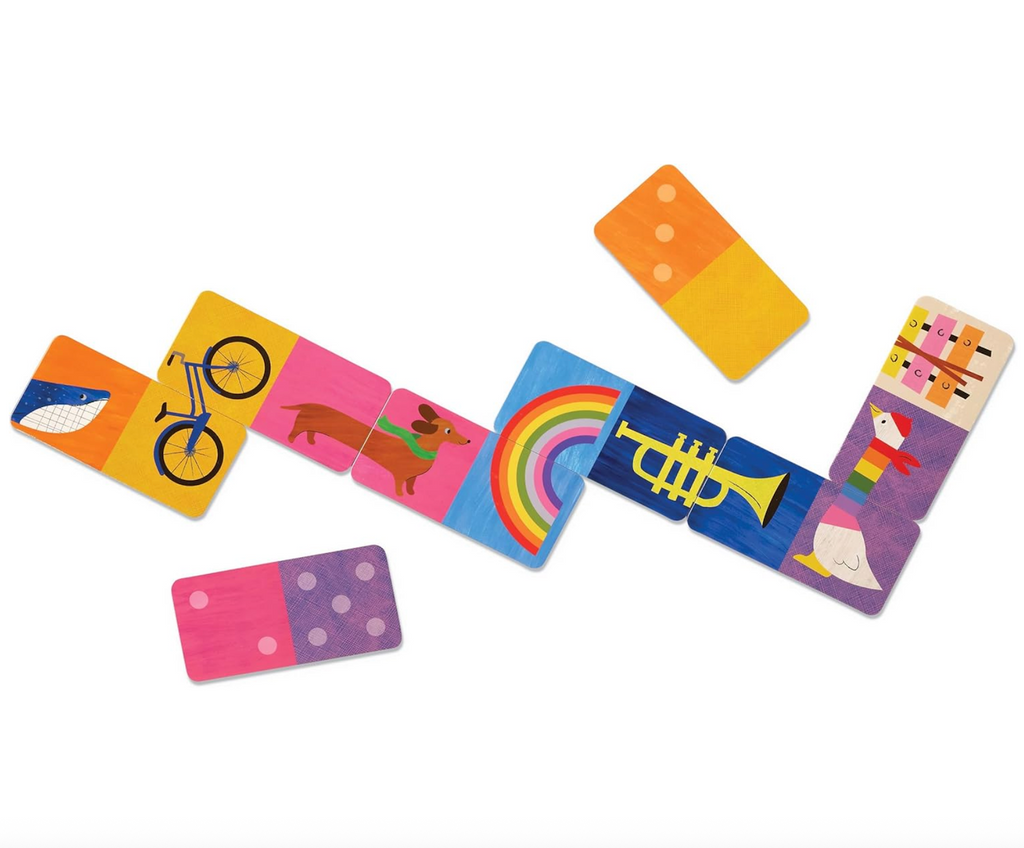 Colorful children's tile game with various illustrations on a white background