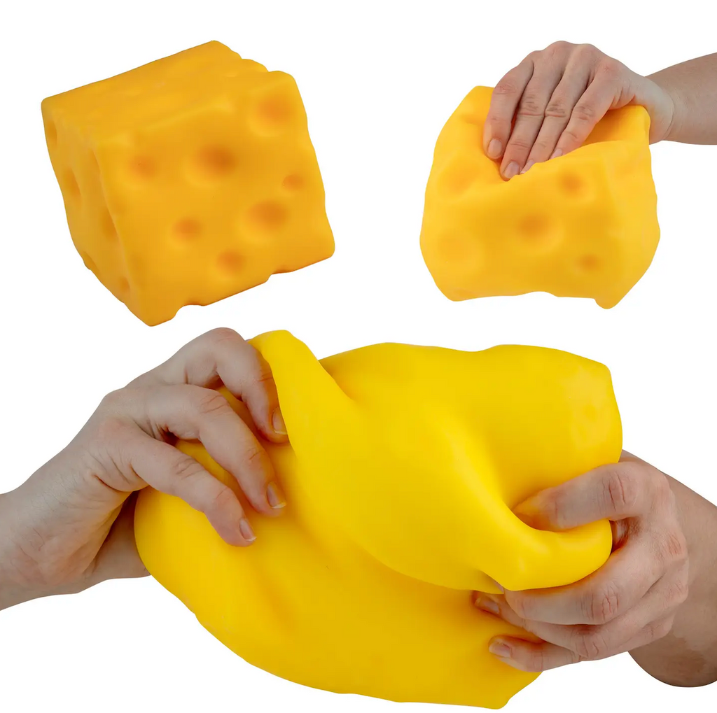 Images of the of the Super Cheese squish toy being stretched and squeezed. 