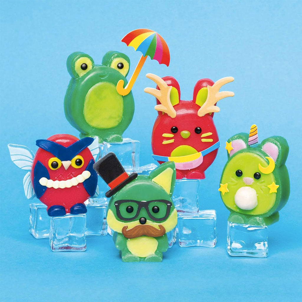 Eight cute animal figurines carved with funny accessories. 