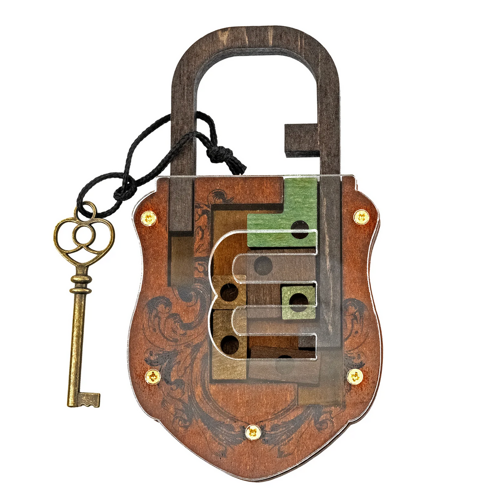 Padlock with decorative design and a metal key that is the Egyptian Pin Lock brainteaser puzzle. 