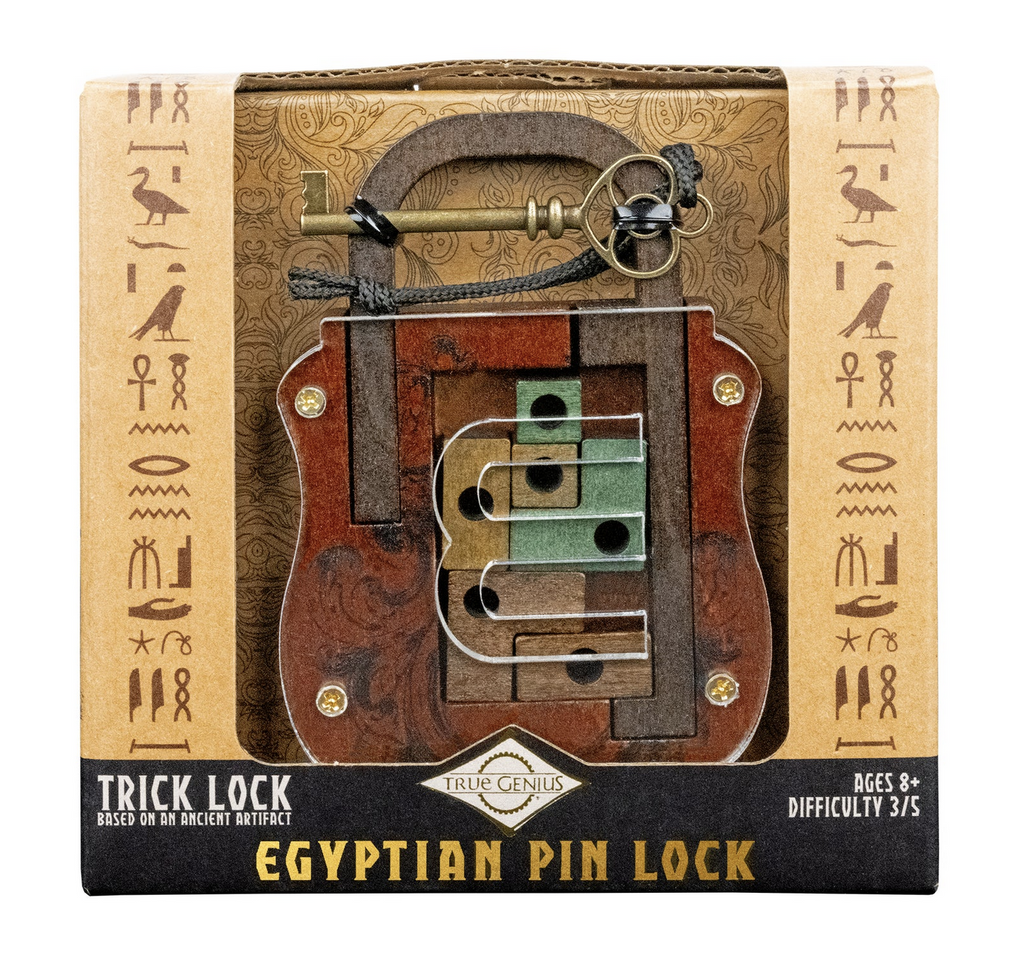 The Egyptian Pin Lock a metal lock and key puzzle packaged in a box with hieroglphics printed on it and a clear window showing the lock and key brainteaser. 