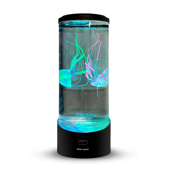 The Electric Jellyfish Lamp with blue and green light illuminating the floating jellyfish inside the lamp. 