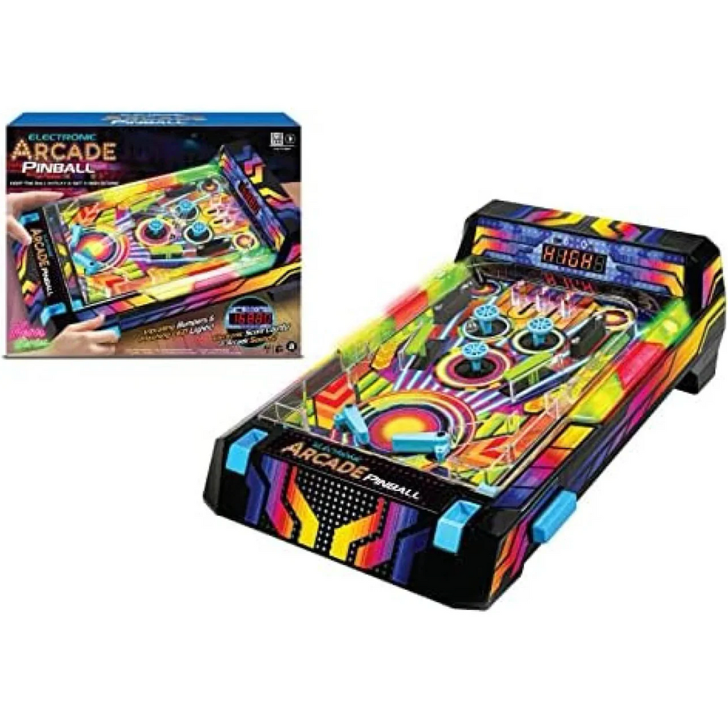 Colorful arcade pinball machine with the product box in the background. 