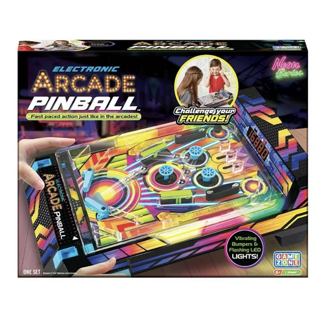 A box with a picture of the Electronic Arcade Pinball game being played with the bright lights illuminated. 