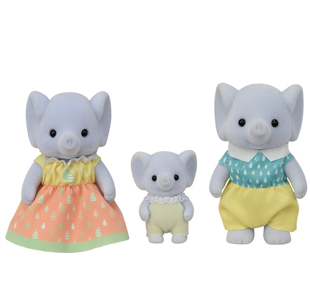 Flocked elephant figures including a mother, father and baby. Each are poseable figures and wearing fabric clothing. 