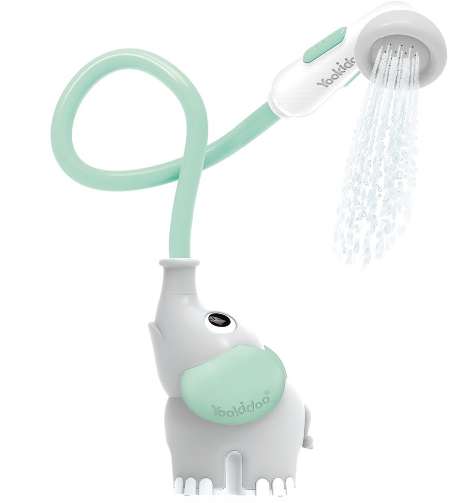 The Elephant Baby Bath Shower Head with turquoise hose spraying water. 