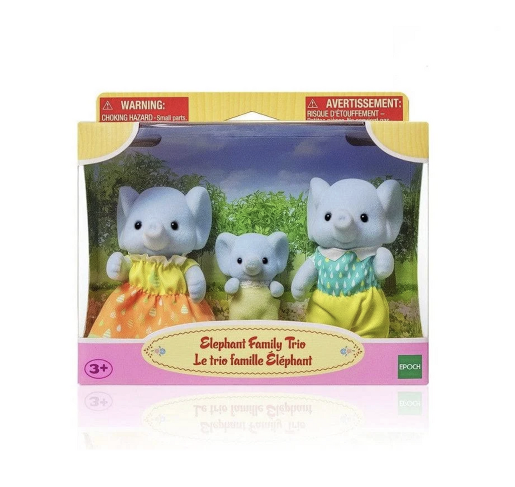 The Elephant Family Trio packaged in the signature pink and yellow box that has a clear plastic at the front of the box that shows the Elephant family. 