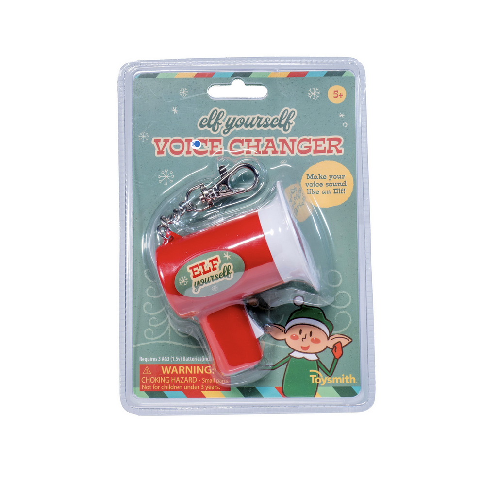 Elf Yourself Voice Changer is a mini megaphone that makes your voice sound like an elf. Its red and white packaged in clear plastic with a silver key ring. 