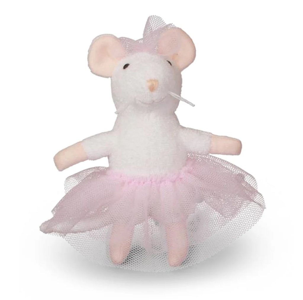Close up of Ella plush mouse wearing a pink tutu.