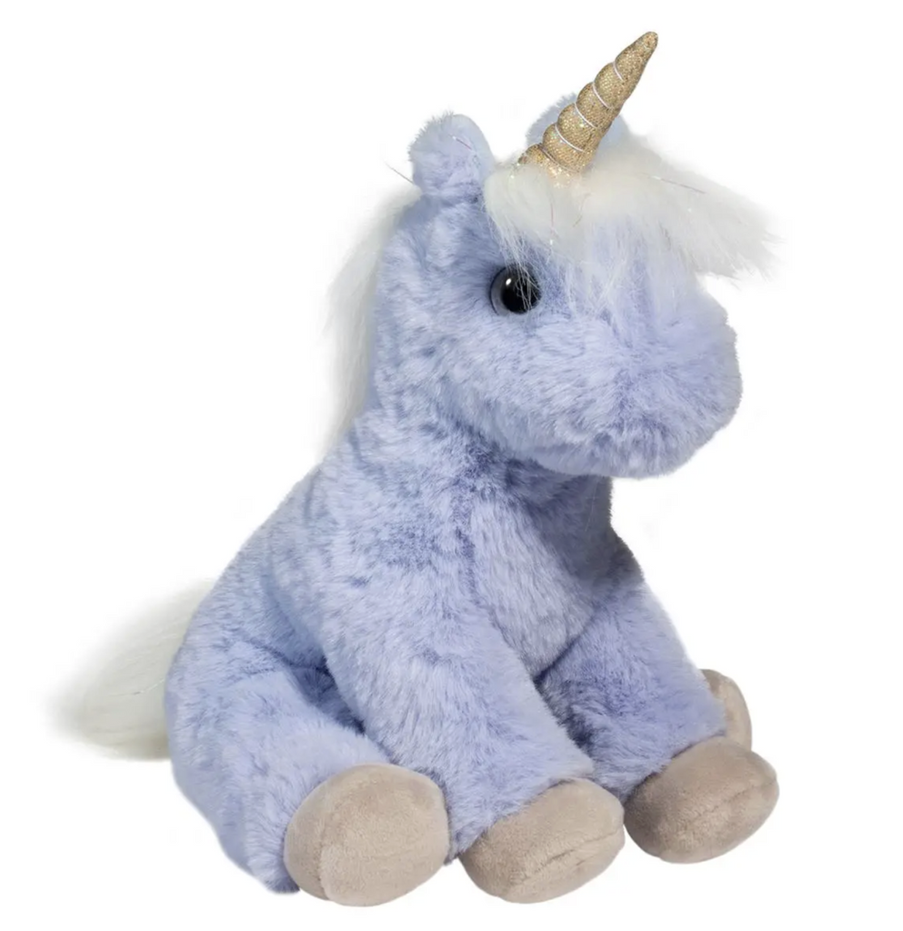 Periwinkle blue mini unicorn stuffed animal with white mane and gold horn. 