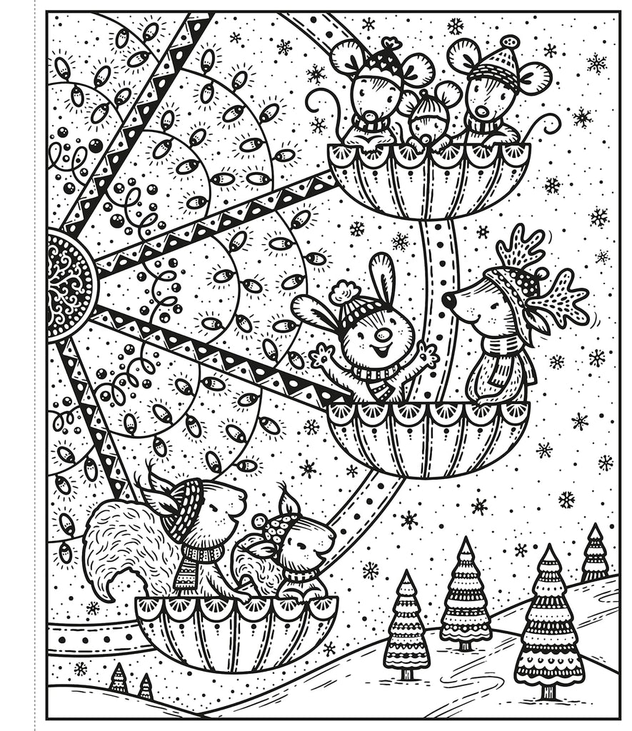 Interior black and white page from the Enchanted Christmas Magic Painting Book. 