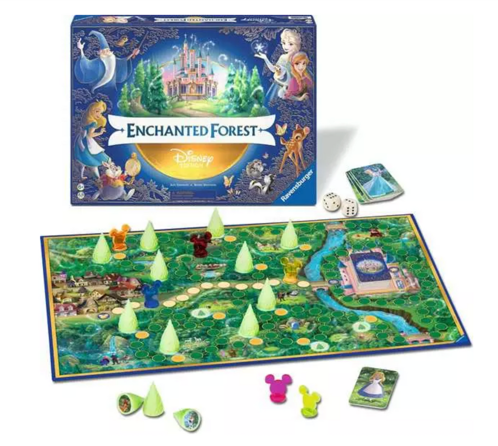 Disney Enchanted Forest board game set displayed on a white background, including the illustrated game box, the board, cards, dice, and character pieces.