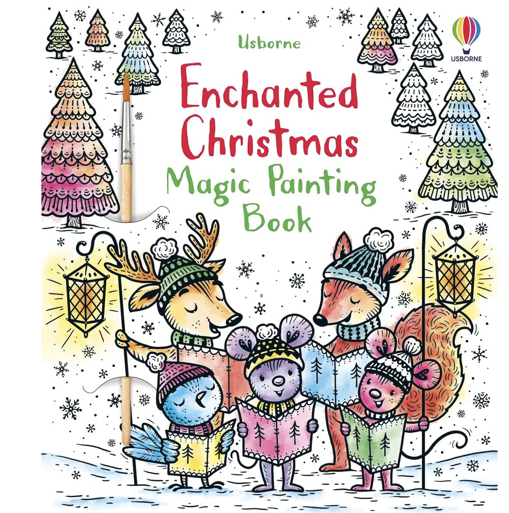 Illustrated cover of the Enchanted Christmas Magic Painting Book with a festive group of animals singing carols. 