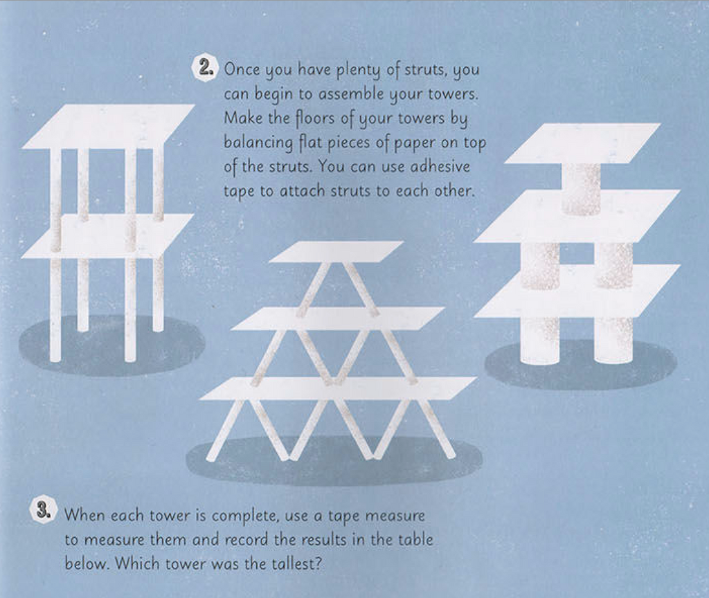 Interior page from the Engineer Academy book with illustrated instructions on constructing different types of tables. 