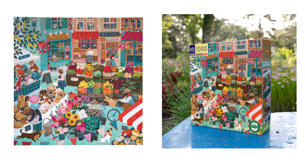 Split image shows close up of completed puzzle and puzzle box outside on a blue table in a garden.