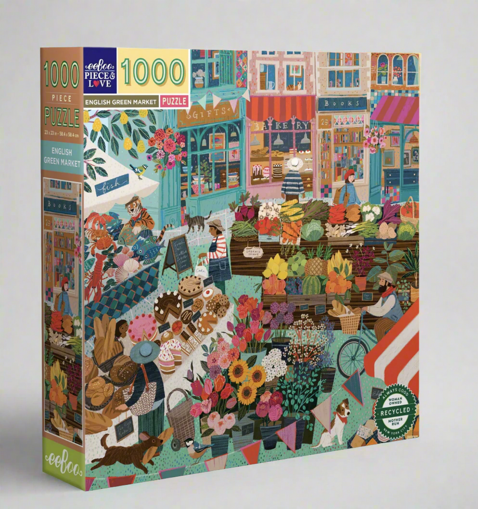 Illustrated box for 1000 piece English Green Market jigsaw puzzle by eeboo.