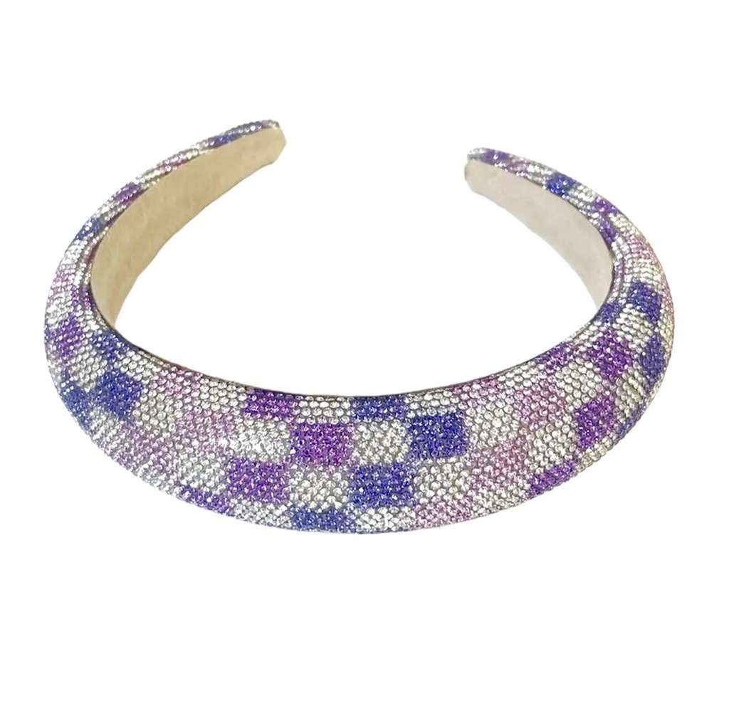 Crystal headband with silver and two shades of purple crystals making a checkerboard pattern. 