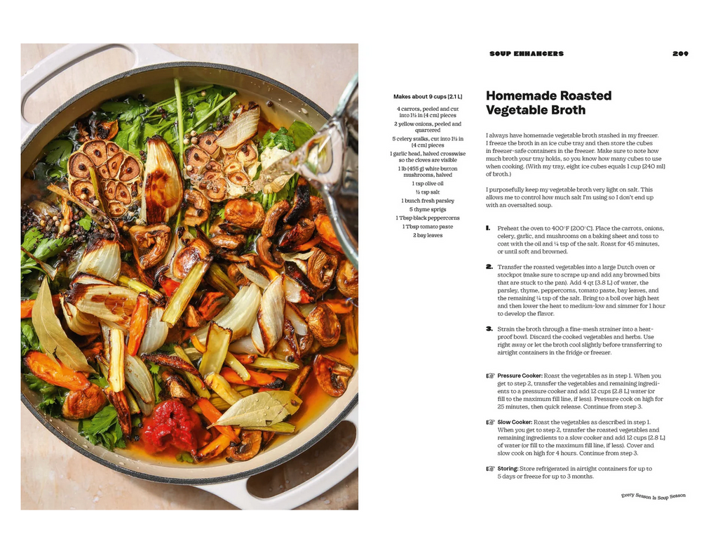 Pan of homemade roasted vegetable broth with text on the right side.