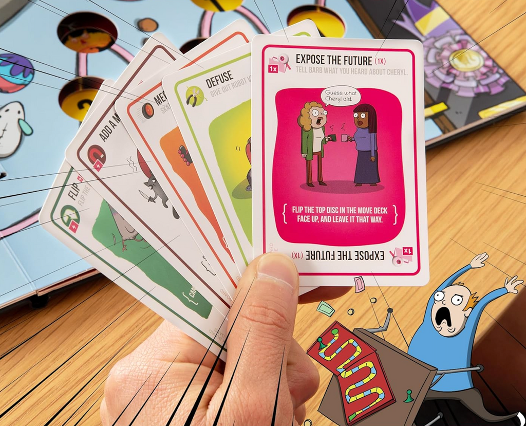 A hand holding playing cards with colorful illustrations with different actions that are used to play Exploding Kittens The Board Game. 