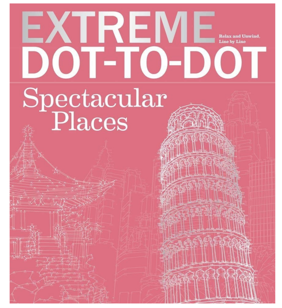 Pink cover of Extreme Dot to Dot Spectacular Places puzzle book with images of the Leaning Tower of Pisa and a Japanese tea house. 