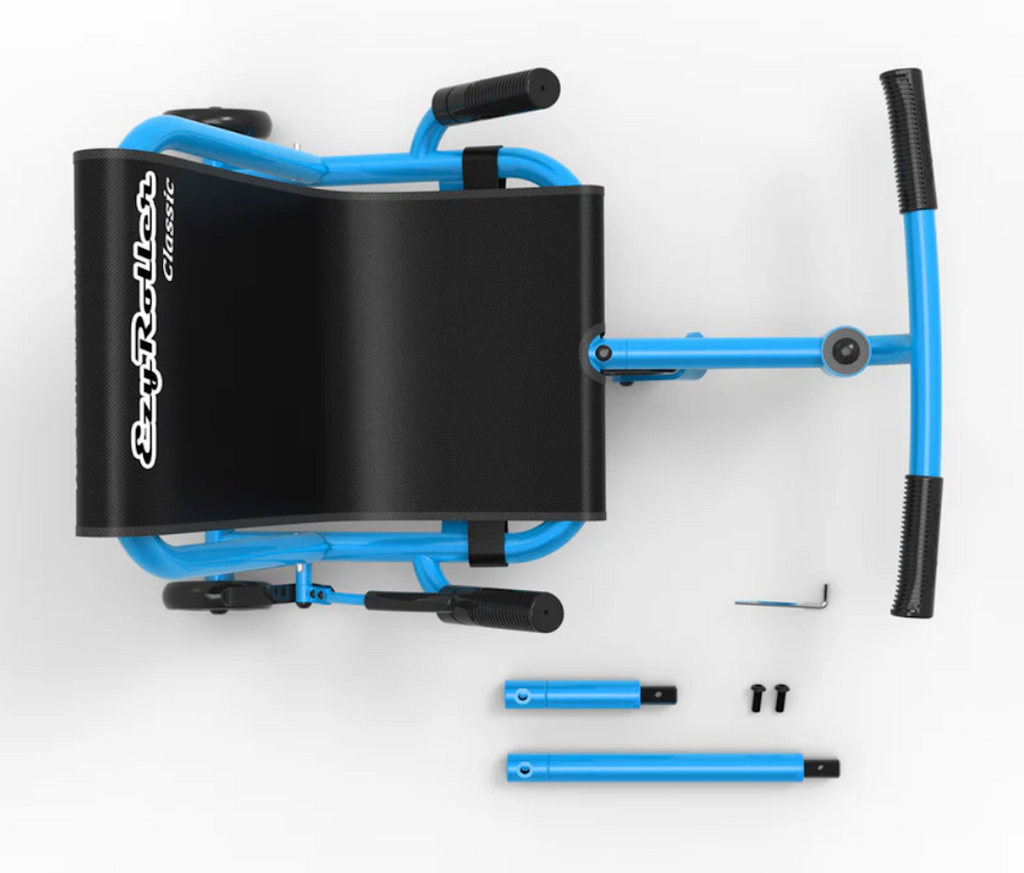 View from above of the EzyRoller Classic with blue frame, extender bars and black seat, hand grips and foot steering bar. 