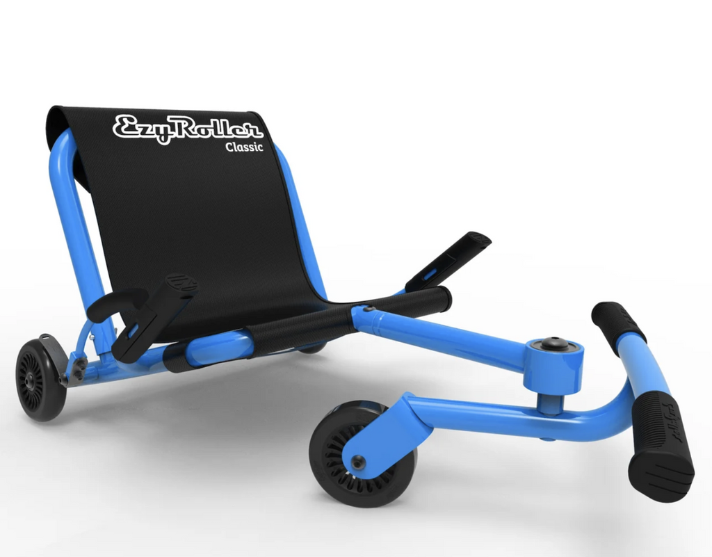 EzyRoller Classic in blue ride on toy. The metal frame is blue with black seat, wheels, and foot steering grips. 