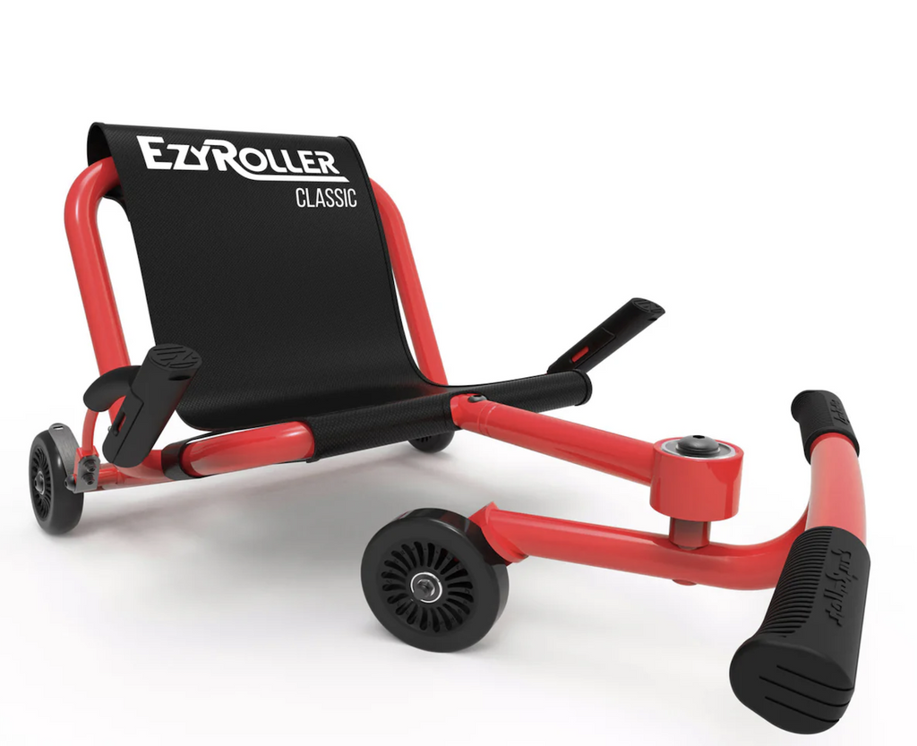 The Classic Exy Roller in red with black seat, handles, pedals and wheels. 