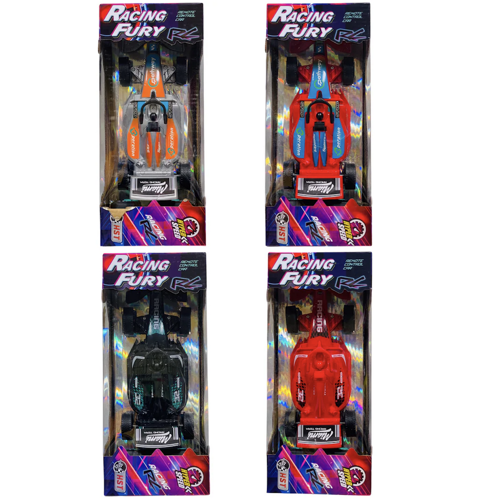 Four assorted styles of F1 Racing Fury Miami RC Race Cars packaged in a box with a clear window so the different colors can be seen. 