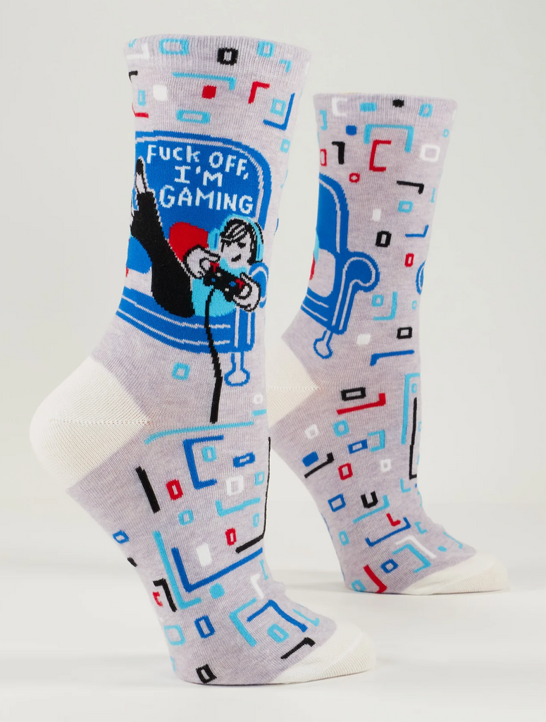 Side view of the "Fuck Off I'm Gaming" socks. 