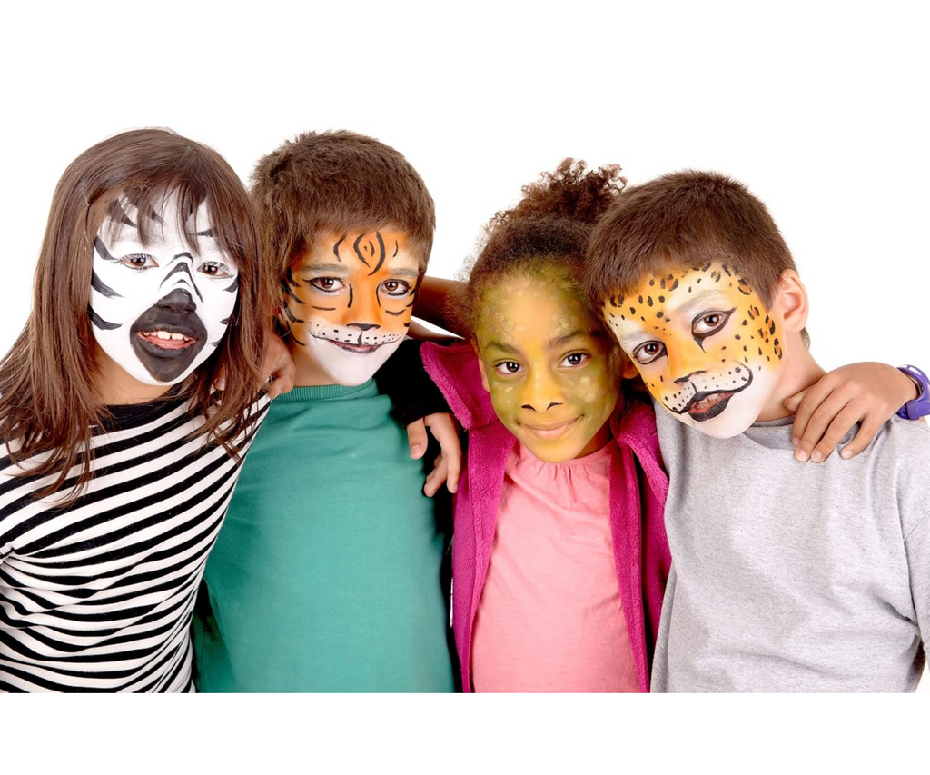 A group of kids with their face painted with awesome animals, using the Face Paint Sticks. 