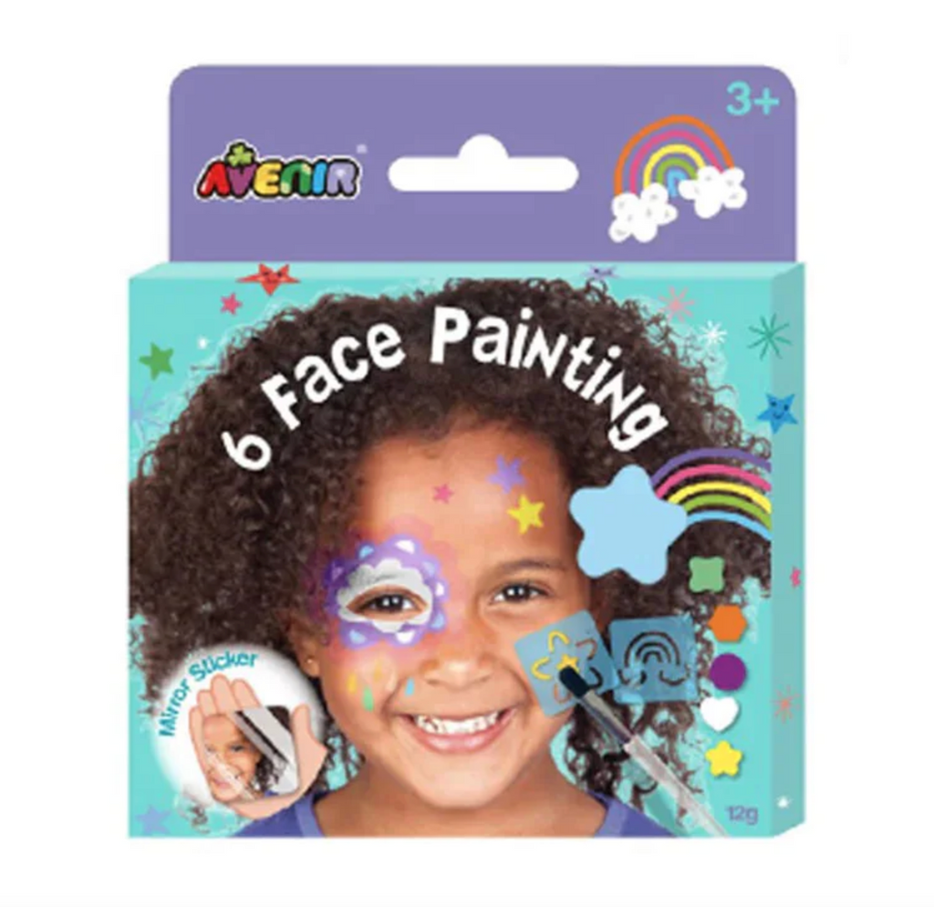 Face Painting Kit with rainbow and star shaped stencils pictured on the front of the box. 