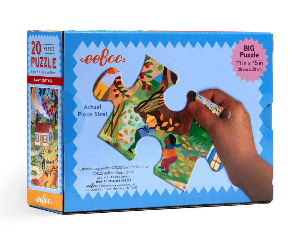Back of box shows the oversized puzzle piece in a child's hand.