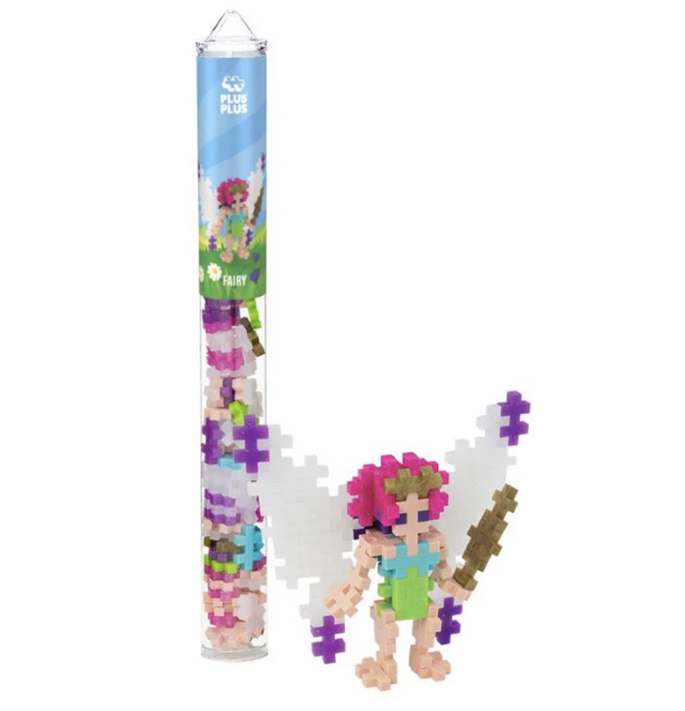 Plus Plus 70 Fairy Piece tube with a fairy constructed using pieces from the set.