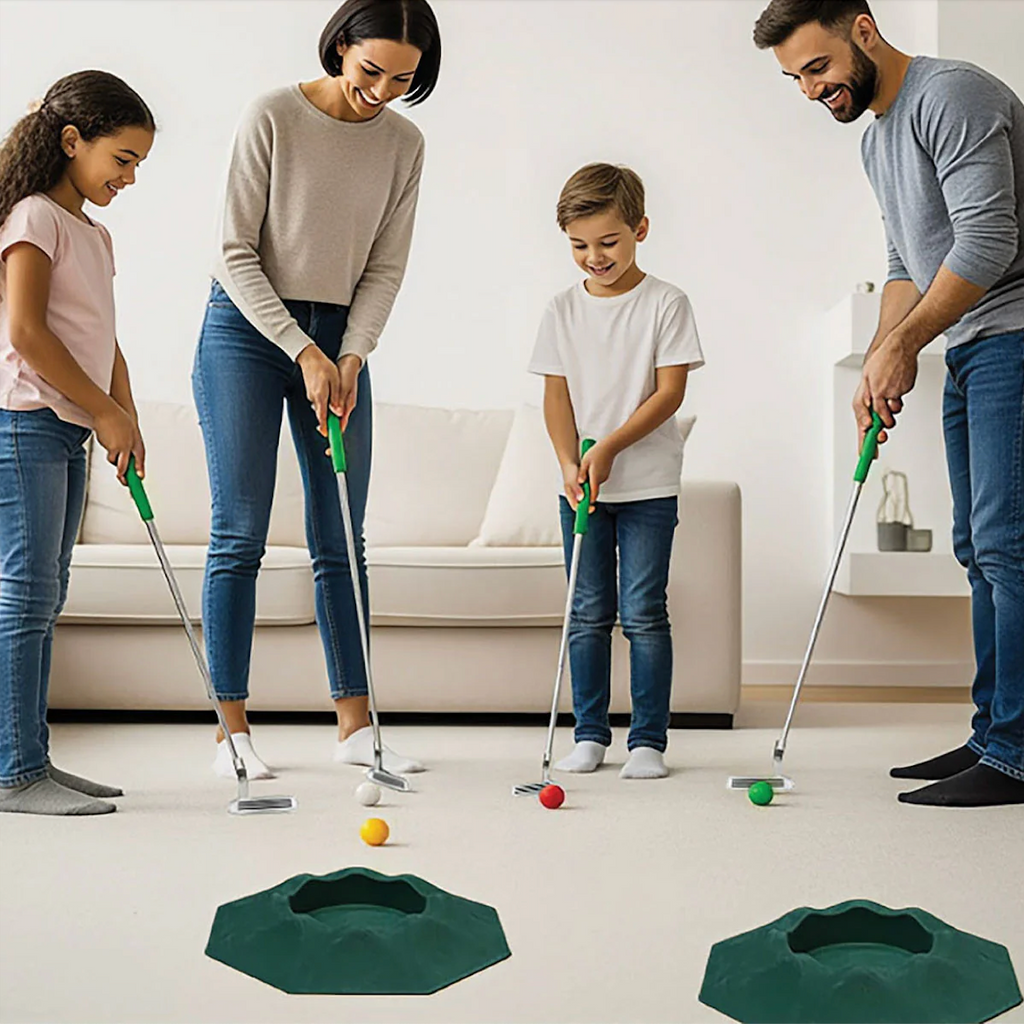 A family of four plays indoor golf in a bright living room, using metal golf clubs with green handles to hit small golf balls toward two dark green target baskets on the floor.