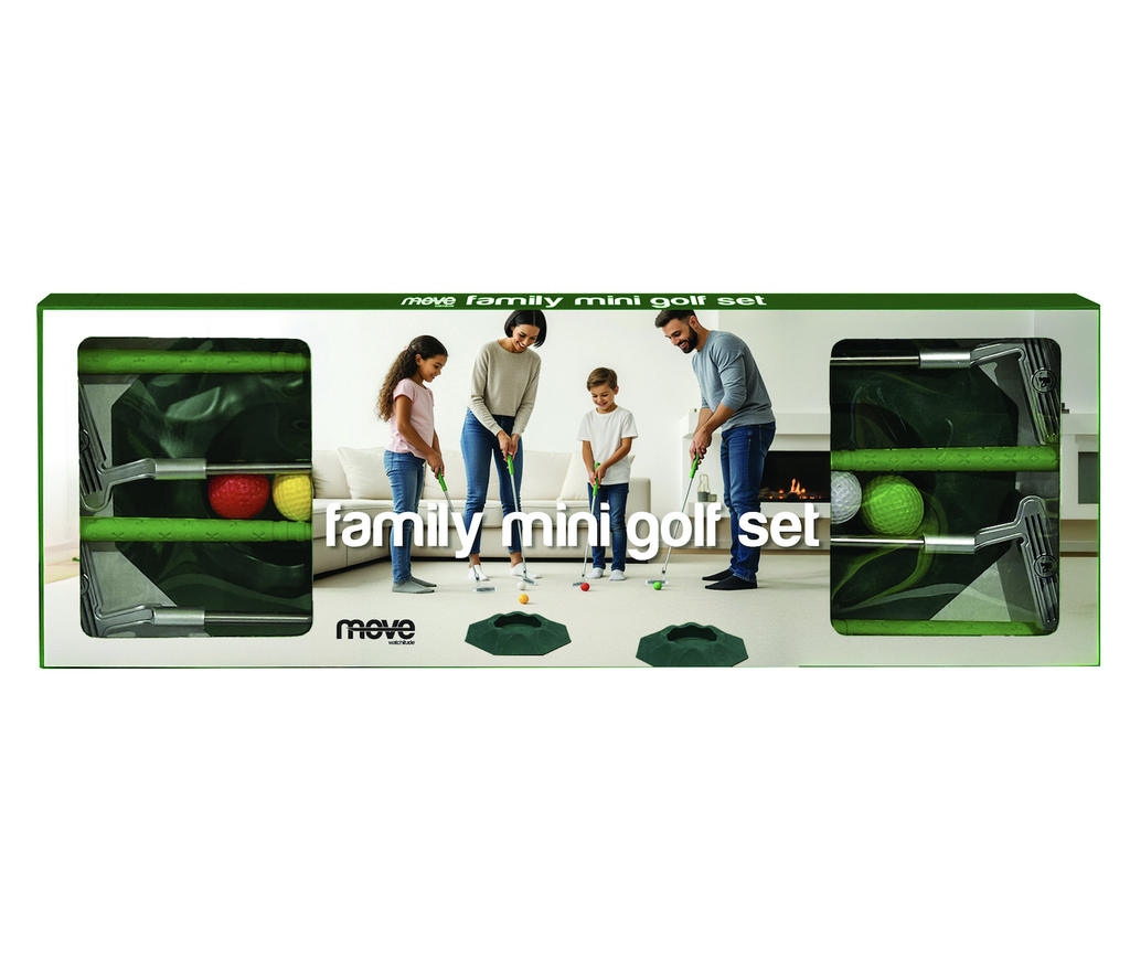 The Family Mini Golf Set packaged in a box with windows om either end that show the set of 4 golf clubs, colorful balls, and portable holes. 