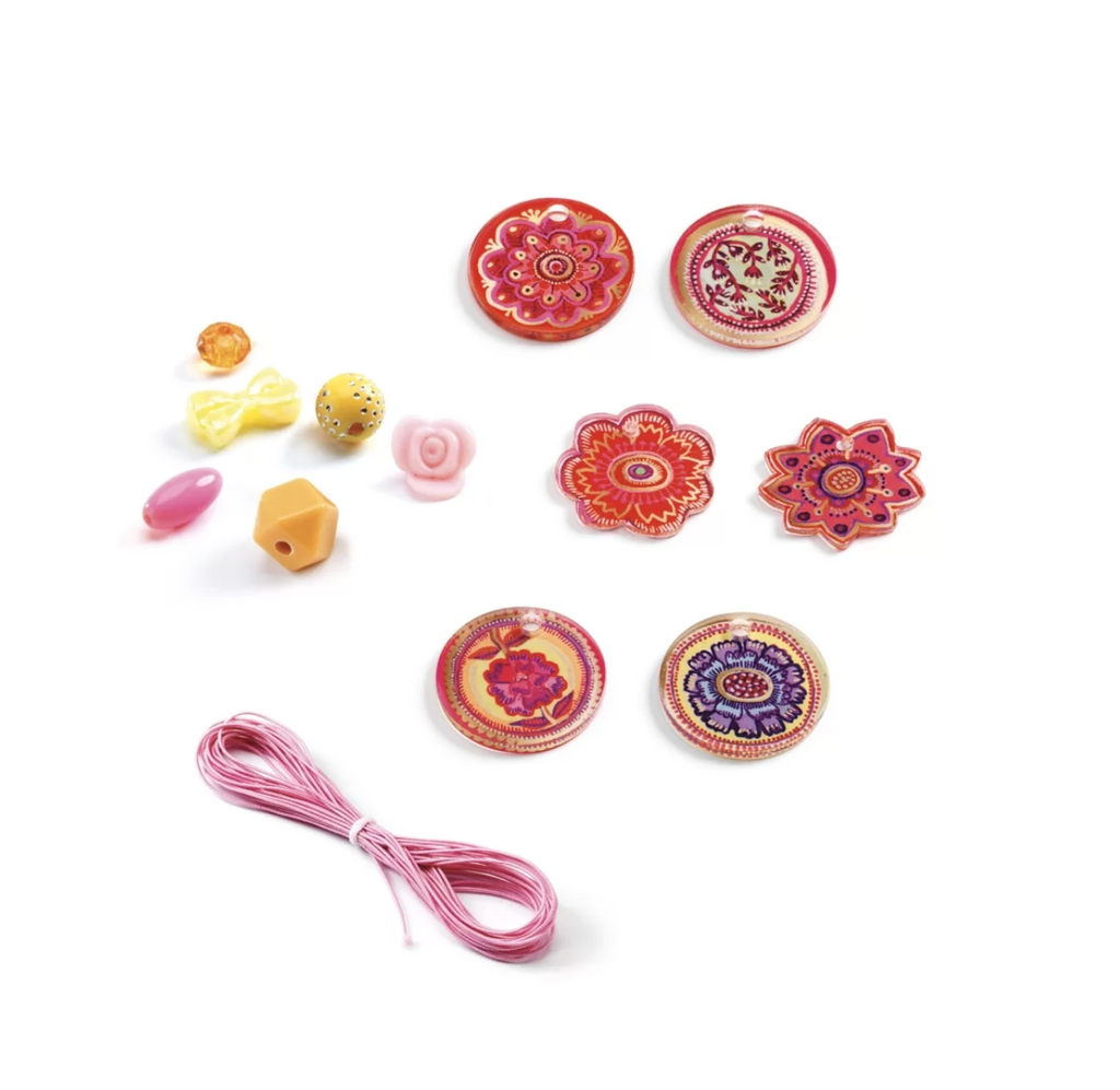 Examples of the flower shaped pendants, beads and elastic string.