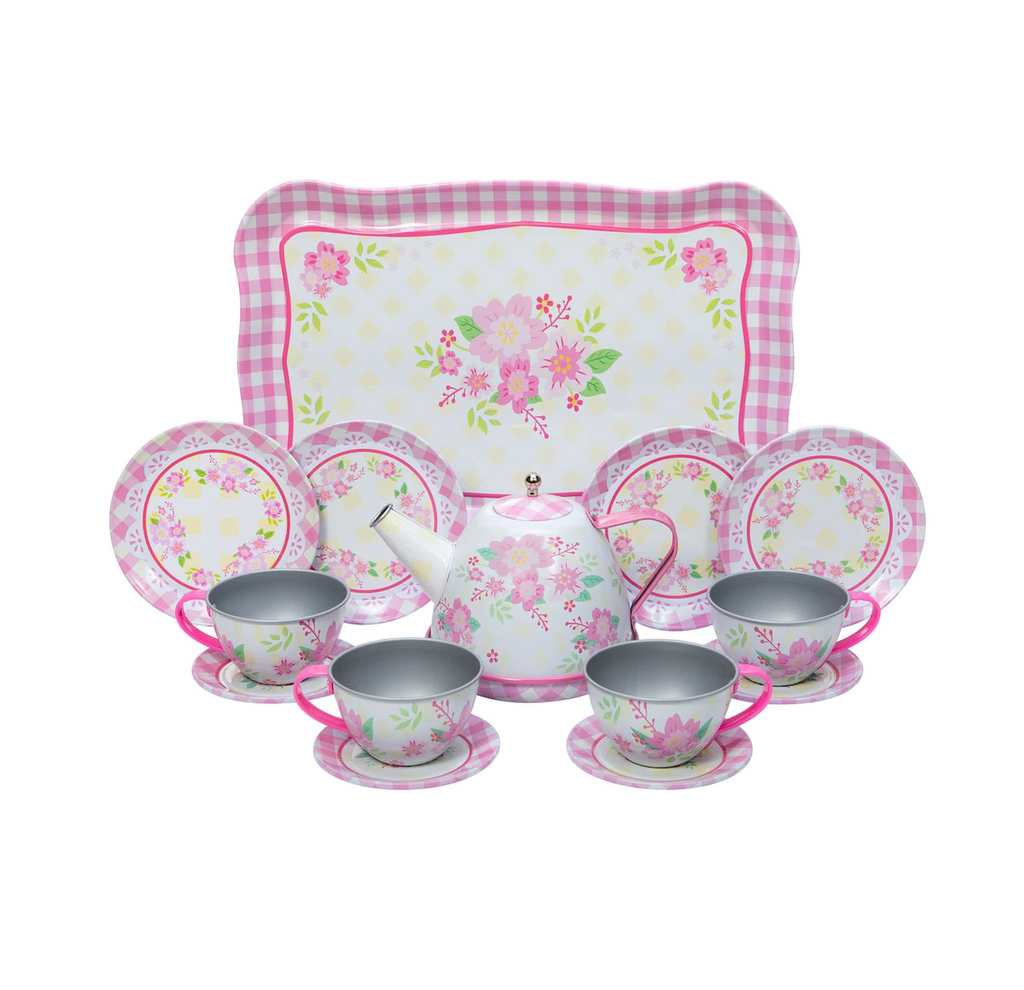 The Fancy Tin Tea Set  including a teapot, teacups with saucers, two plates, and a large serving tray, all decorated with a pink and white gingham border, pink floral motifs, and yellow polka dots. 