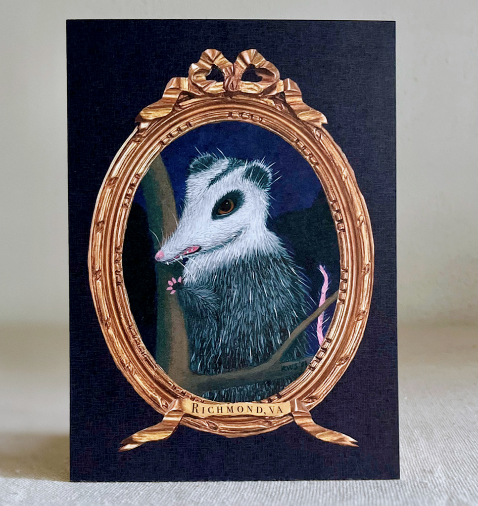 This 5x7 Possum print features a possum with big eyes and hairy fingers. With a gilt frame and the words: Richmond, VA.