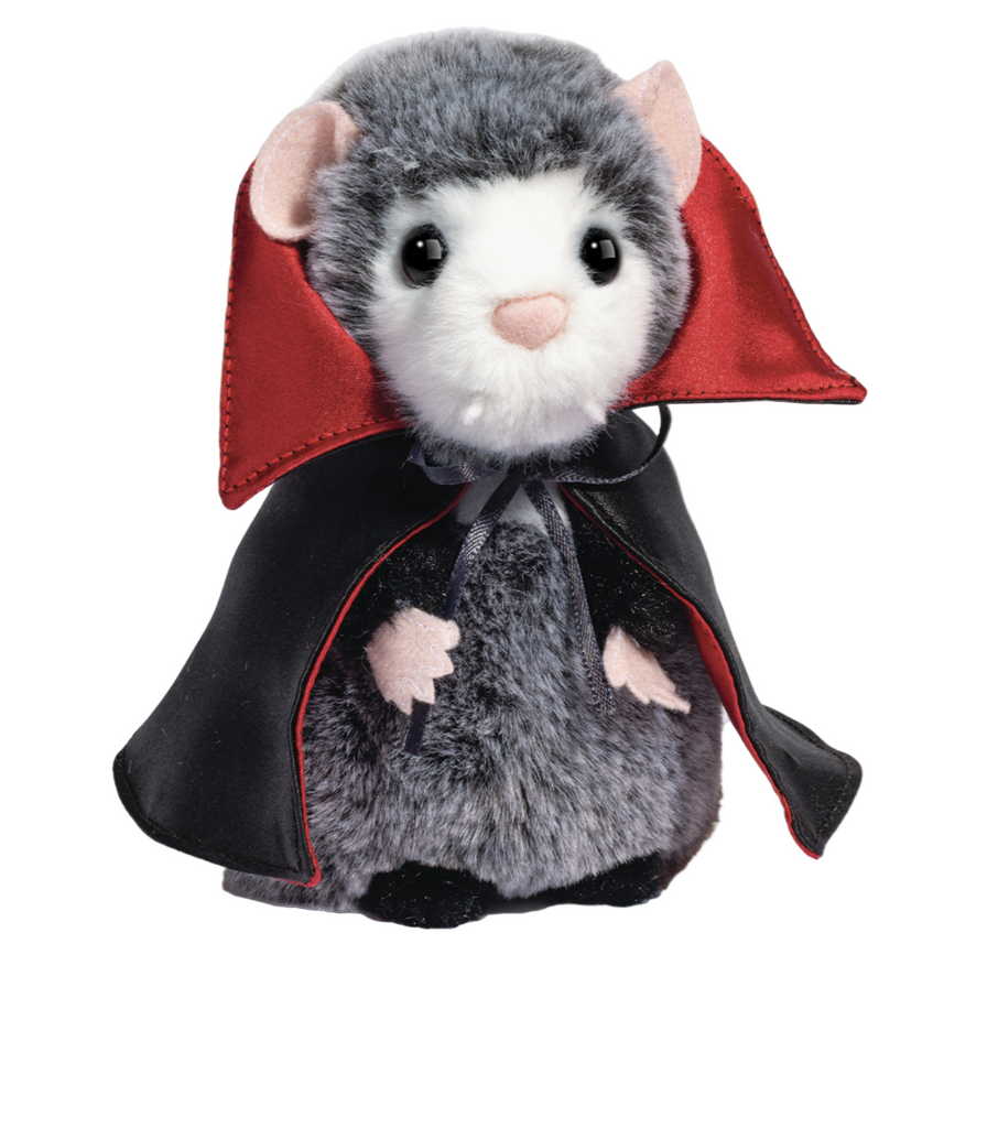 Grey and white possum plush toy wearing a black and red vampire cape on a white background.
