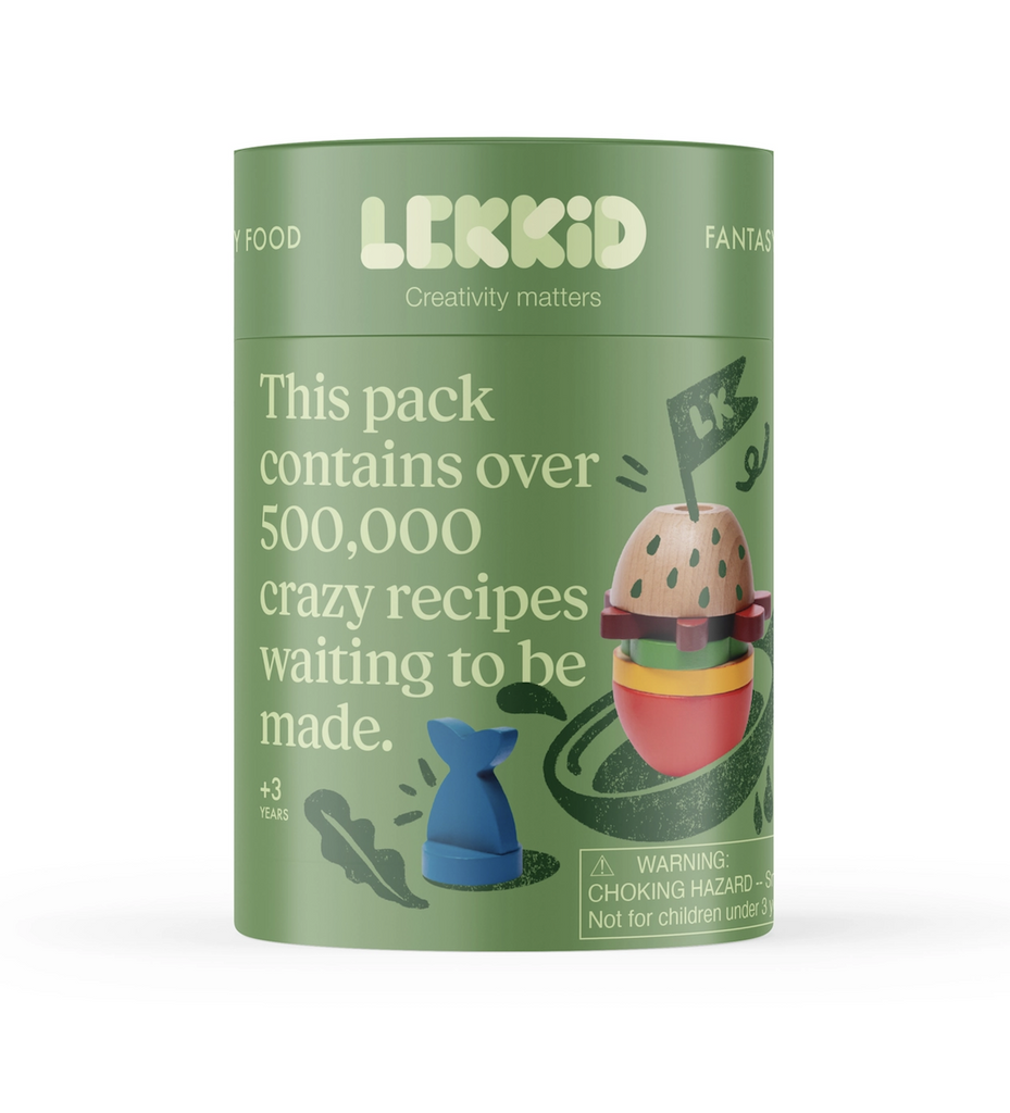 Canister with green background and pictures of food creations made using the various pieces included in the play food set. 