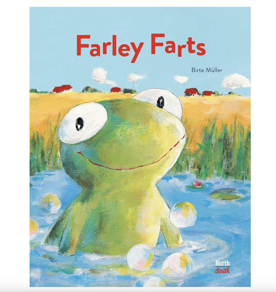 Illustrated book cover for Farley Farts that depicts Farley the frog sitting in a pond with bubbles all around him. 