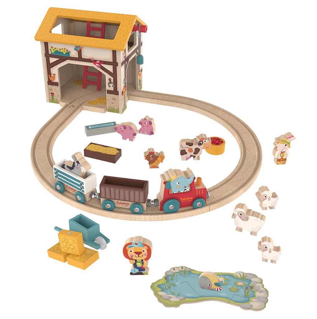 Farm Play Word wooden train set with wooden animal and barn. 