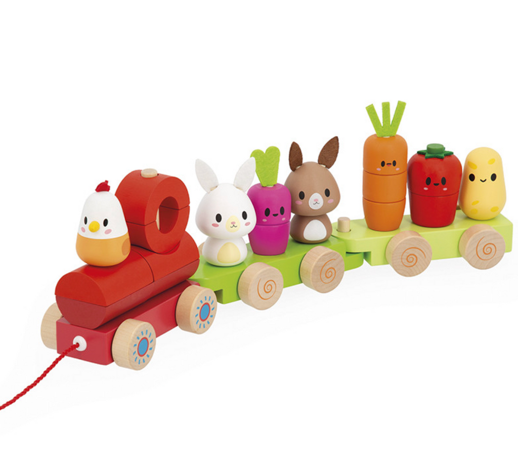 Wooden toy train with farm animals and vegetable figures with a red string for pulling. 