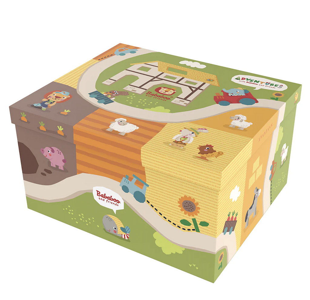 Box containing the Farm Play World wooden train set and figurines. 