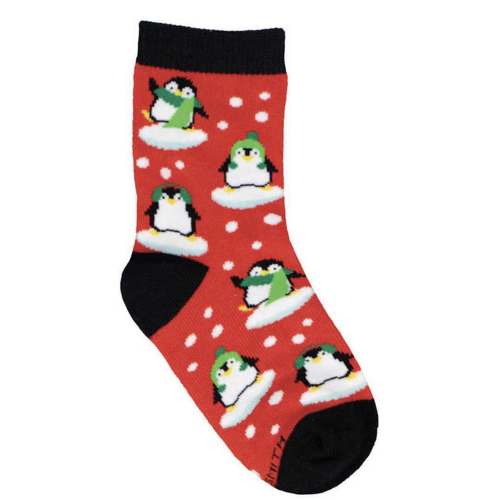 Red socks with playful penguins dressed for winter with ear muffs, scarves and warm hats as well as snow balls all over the socks. Sized for toddlers. 