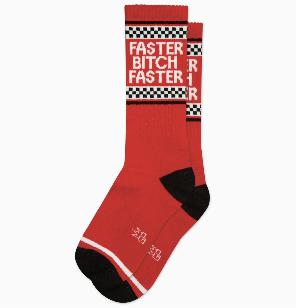 Red tube socks with black and white checkerboard pattern at the top that read "Faster Bitch Faster" in white letters. 