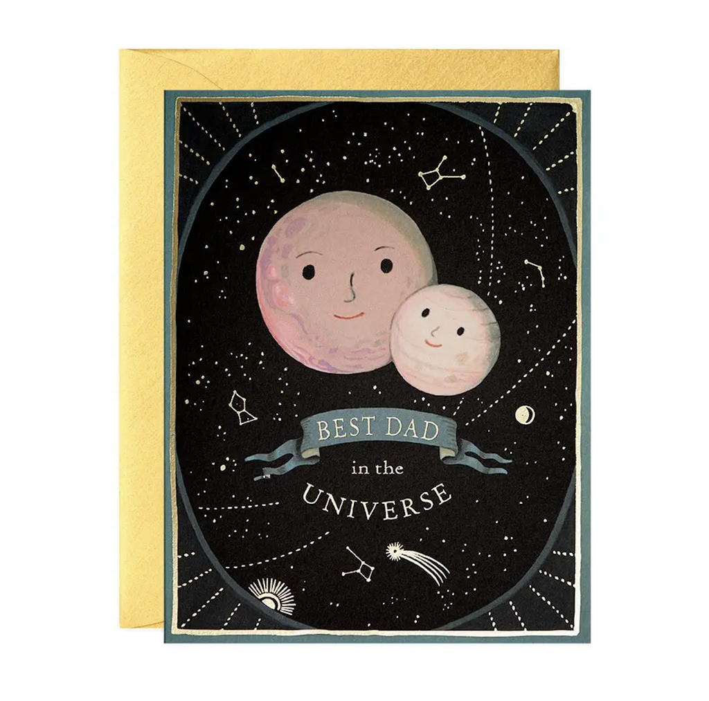 Greeting card with "Best Dad in the Universe" written on the front with an illustration of two planets in the stars printed in full color with gold foil.